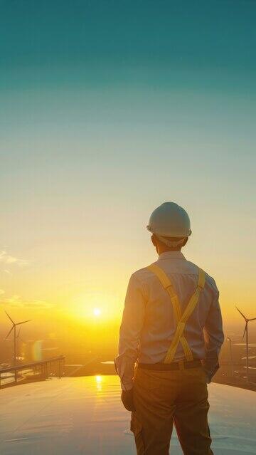 Engineer overlooking sunset and wind turbines.