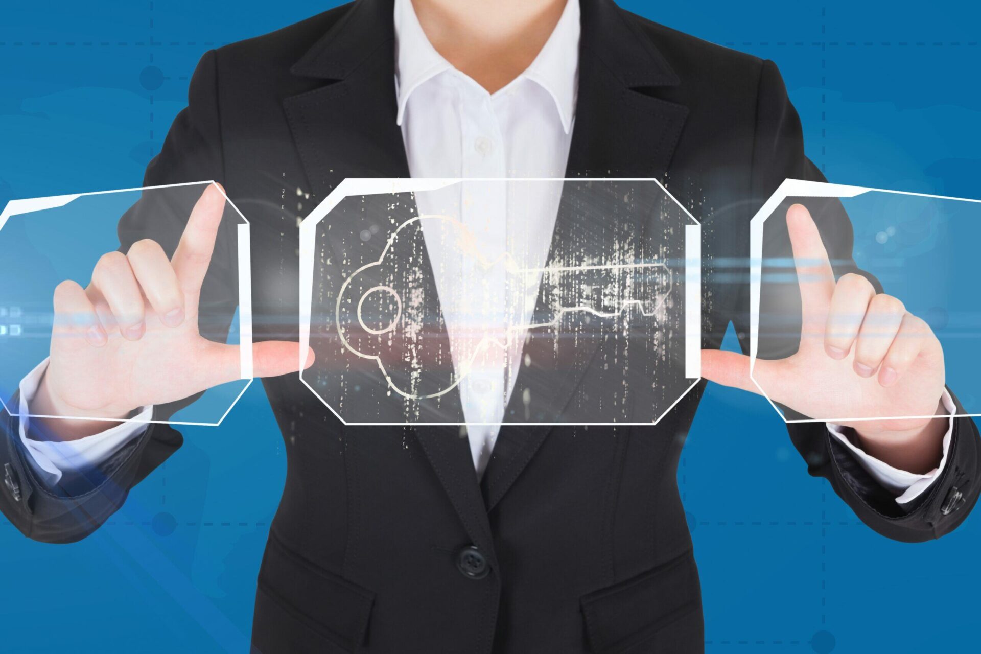 Businessperson interacting with futuristic transparent screen displaying digital text