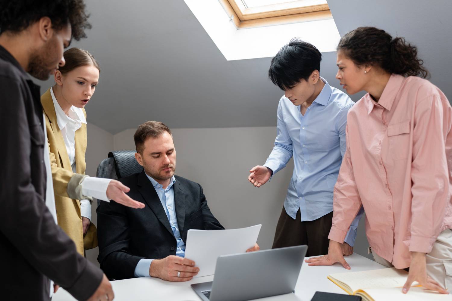 Concerned team reviews documents, possibly related to post-merger disputes and due diligence failures.