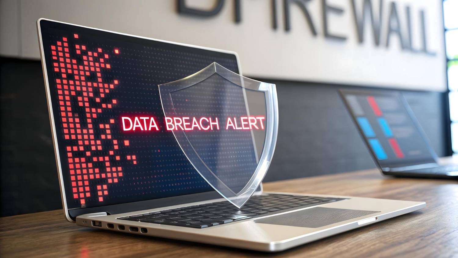 Laptop displaying "Data Breach Alert" with a shield, representing cybersecurity risks.