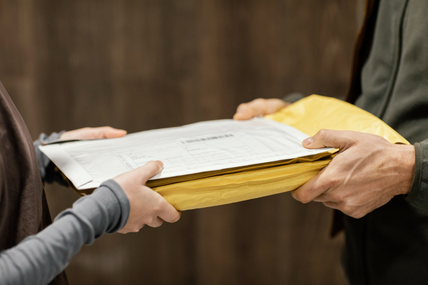 Hands exchanging a yellow envelope containing legal documents for estate administration